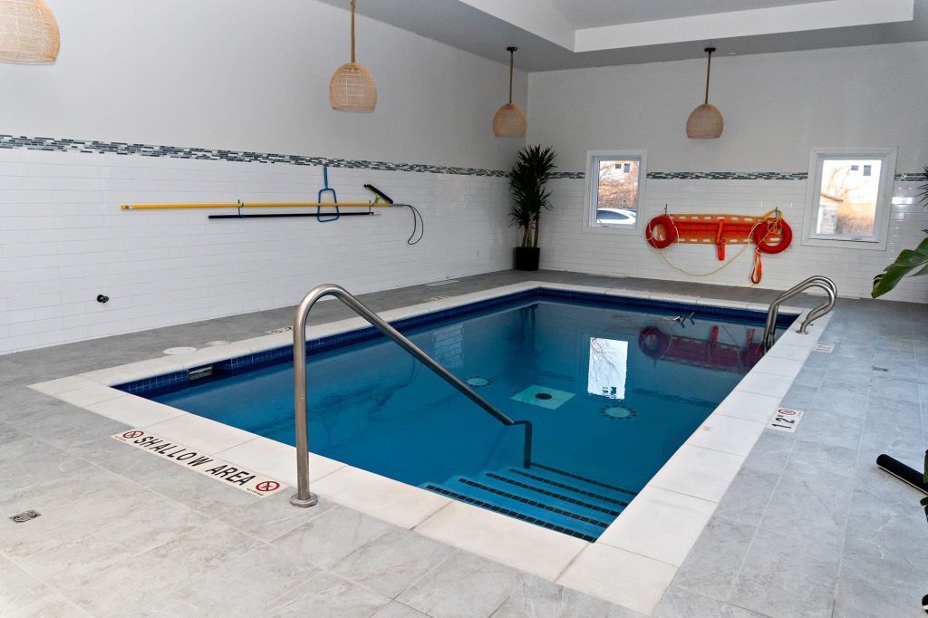 Indoor swimming pool with safety equipment